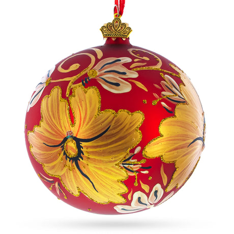 Glass Golden Lilies Glass Ball Ornament in Red color Round