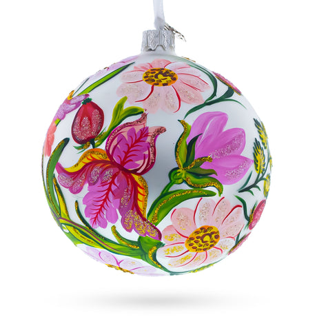 Glass Irises and Cosmeya Flowers Glass Ball Ornament in Red color Round
