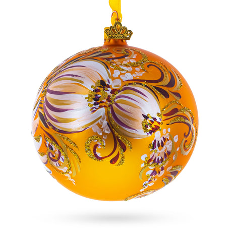 Glass Gerbera Flowers on Gold Glass Ball Ornament in Gold color Round