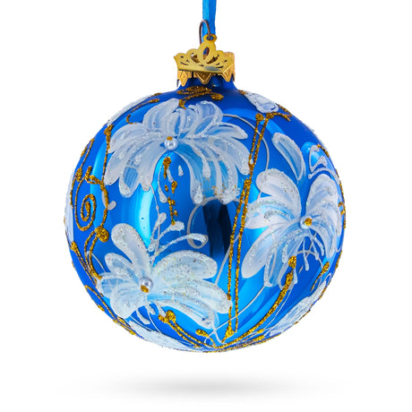 Glass White Lilies Flowers Glass Ball Ornament in Blue color Round