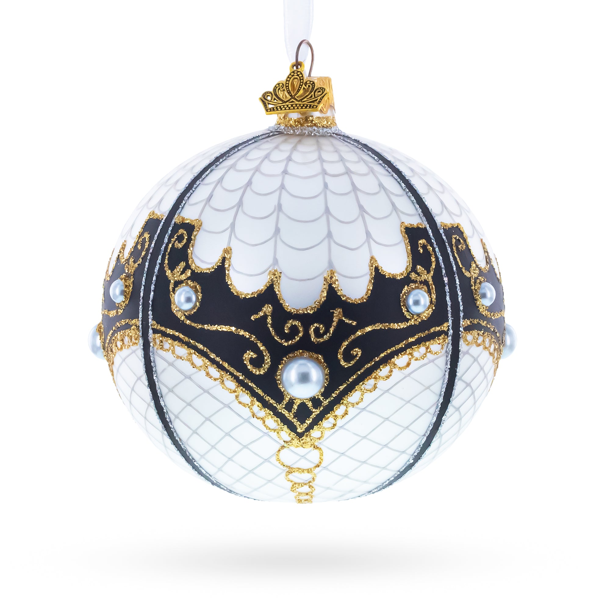Mother Of Pearl on White Glass Ball Christmas Ornament 4 Inches in White color Round