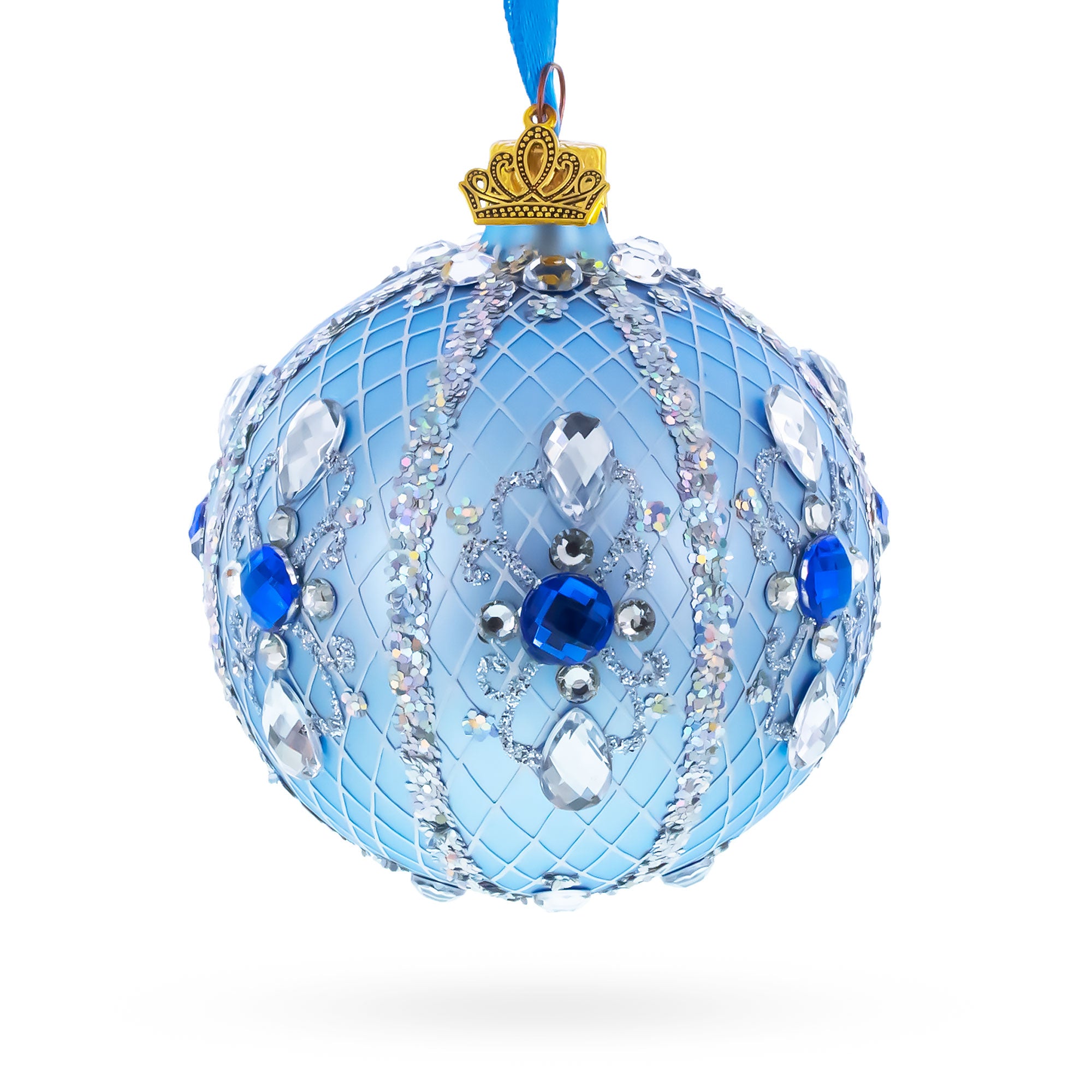 Luxurious Blue and Silver Jeweled Glass Ball Ornament 3.25 Inches in Blue color Round
