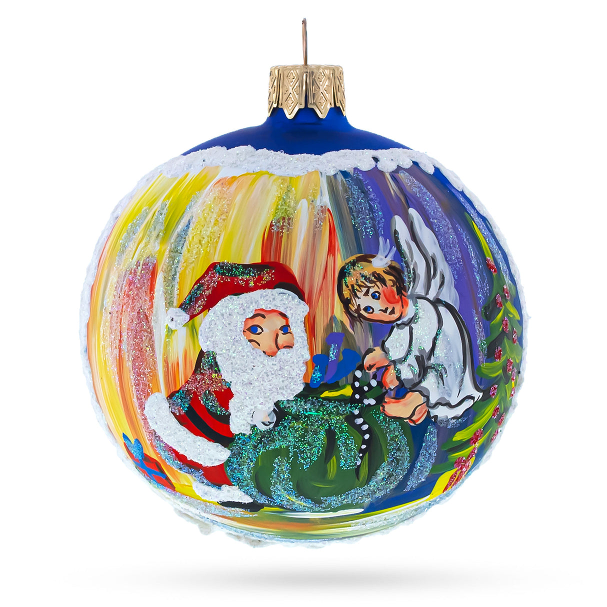 Glass Santa, Angel, and Gifts: A Heavenly Christmas Tale - Blown Glass Ball Ornament 3.25 Inches in Blue color Round