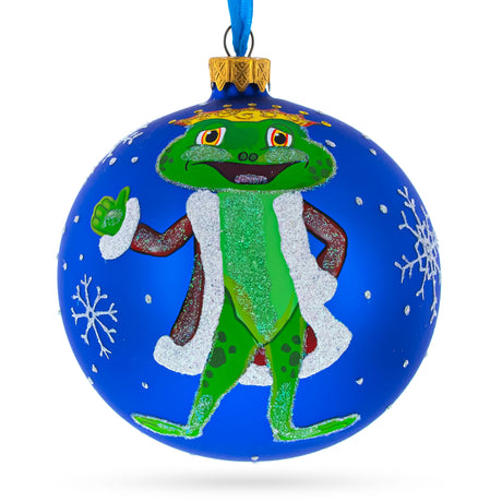 Glass Royal Ribbit: The Frog King Crowned in Splendor Hand-Blown Glass Ball Christmas Ornament 4 Inches in Blue color Round