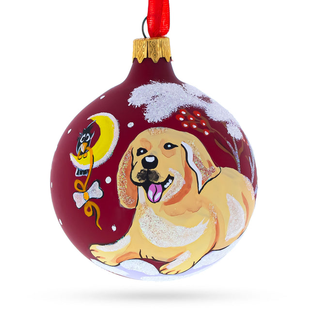 Glass Charming Golden Retriever - Blown Glass Ball Christmas Ornament 3.25 Inches in Red color Round