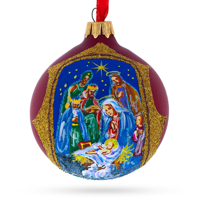 Glass Radiant Nativity Scene in Red Tone Glittered - Blown Glass Ball Christmas Ornament 3.25 Inches in Red color Round