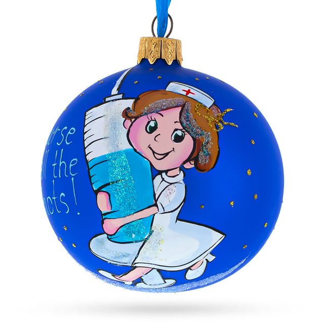Glass Medical Professional Nurse with Syringe Blown Glass Ball Christmas Ornament 3.25 Inches in Blue color Round