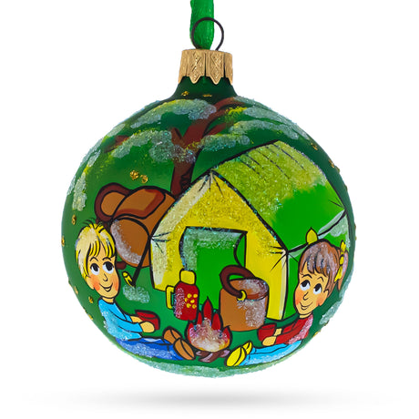Glass Adventurous Hiking & Camping - Blown Glass Ball Christmas Ornament 3.25 Inches in Green color Round