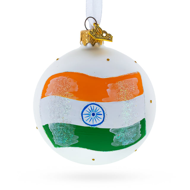 Glass Flag of India Blown Glass Ball Christmas Ornament 3.25 Inches in White color Round