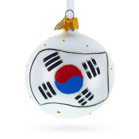 Glass Flag of South Korea Blown Glass Ball Christmas Ornament 3.25 Inches in White color Round