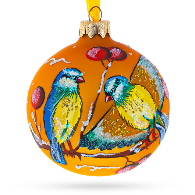 Cheerful Yellow and Blue Birds Perched on Branch Blown Glass Ball Christmas Ornament 3.25 Inches in Gold color, Round shape