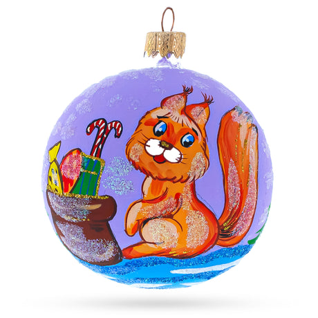 Glass Delighted Squirrel Presenting Gifts Beside a Festive Tree Blown Glass Ball Christmas Ornament 3.25 Inches in Purple color Round