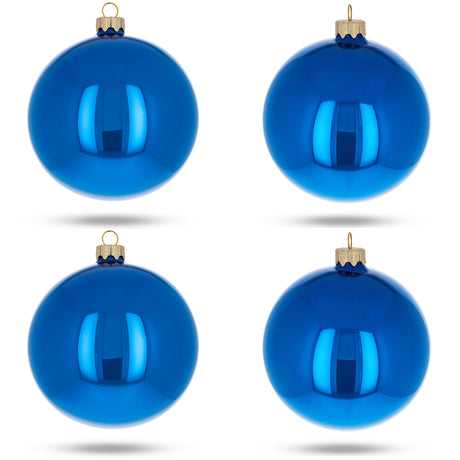 Set of 4 Blue Glossy Glass Ball Christmas Ornaments 4 Inches in Blue color, Round shape