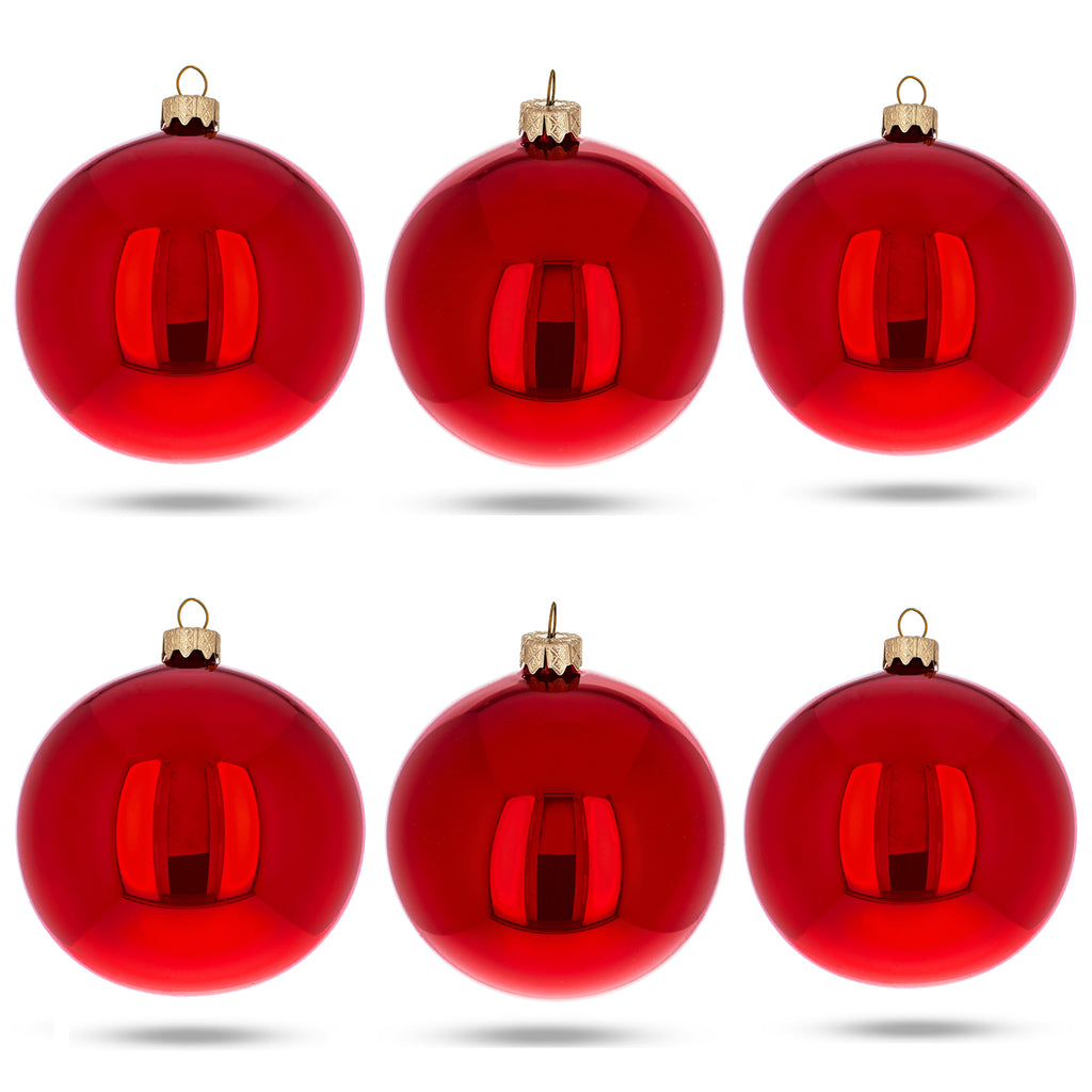 Glass Set of 6 Red Glossy Glass Ball Christmas Ornaments 3.25 Inches in Red color Round
