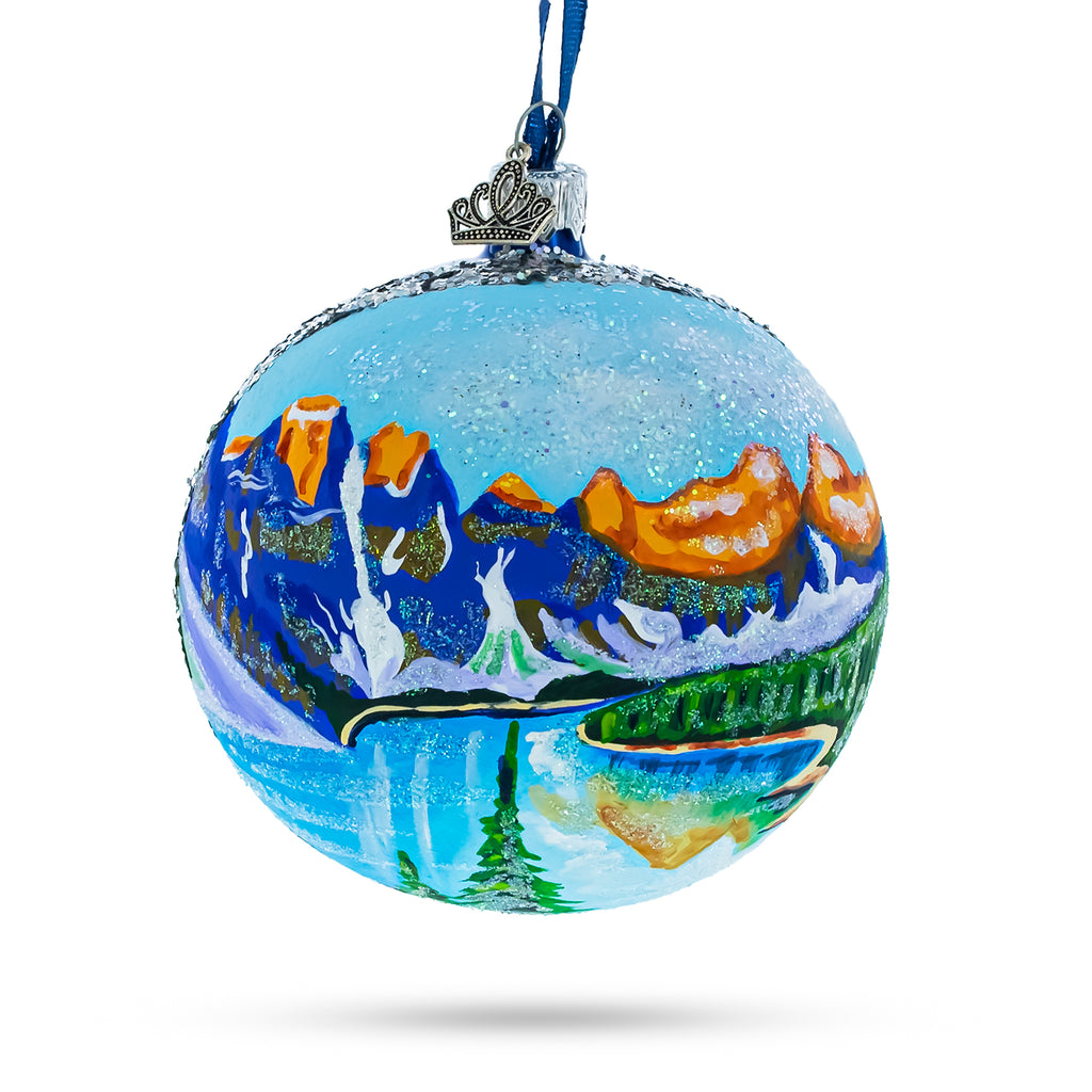 Glass Moraine Lake, Alberta Province, Canada Glass Ball Christmas Ornament 4 Inches in Multi color Round