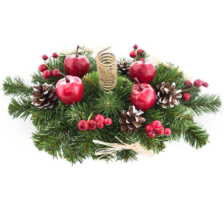 Plastic Ukrainian Candle Holder Decoration with Straw Bow, Apples & Pine Cones 16 Inches in Green color