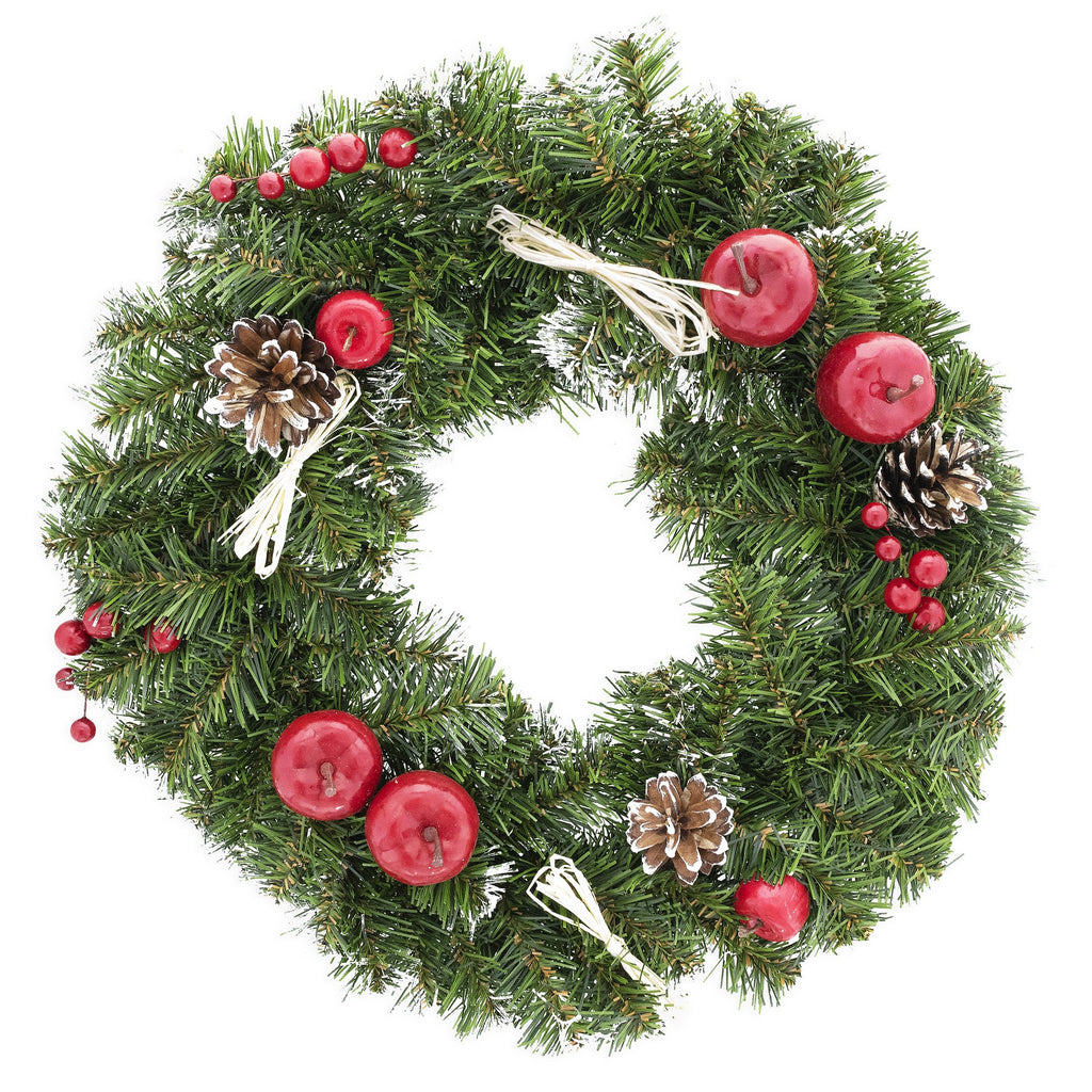 Plastic Ukrainian Christmas Wreath w. Frosted Straw Bows, Apples & Pine Cones 16 Inches in Green color Round