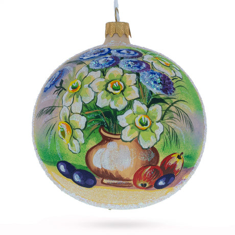 Floral Vase with Apples Masterpiece Blown Glass Ball Christmas Ornament 4 Inches in Multi color, Round shape