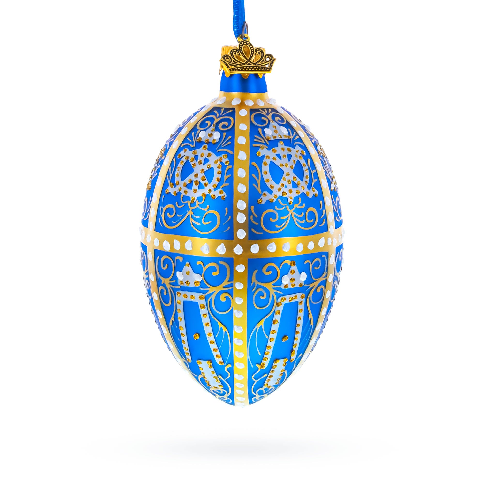 1896 Twelve Monograms Royal Glass Egg Ornament 4 Inches in Blue color Oval