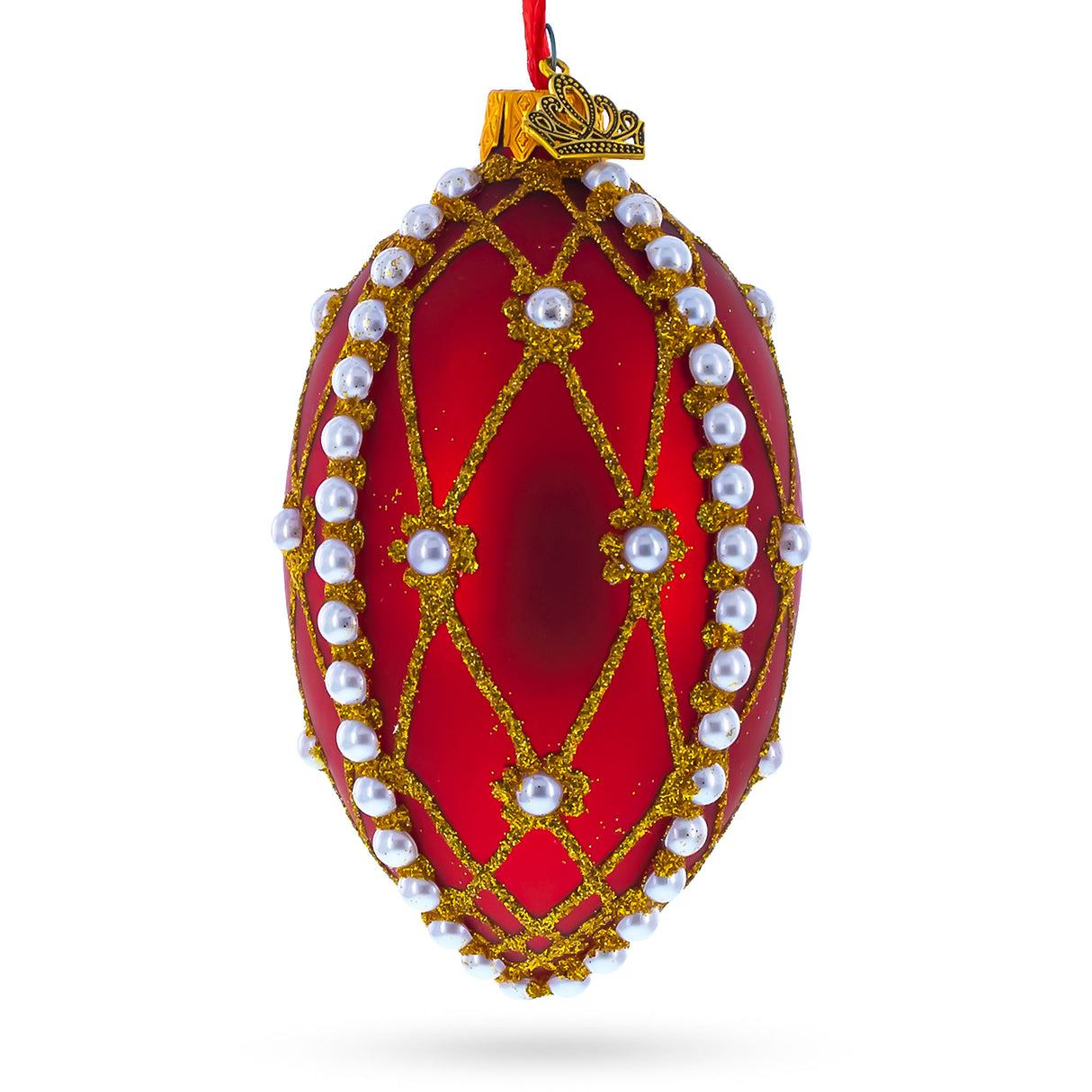 Glass White Pearl Trellis On Red Glass Egg Christmas Ornament 4 Inches in Red color Oval