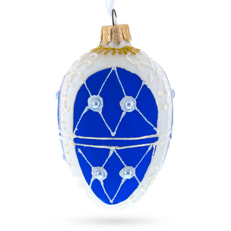 Glass Blue On White Royal Egg Glass Ornament 4 Inches in Blue color Oval