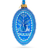 Glass Two Deer in Forest Ukrainian Glass Egg Ornament 4 Inches in Blue color Oval