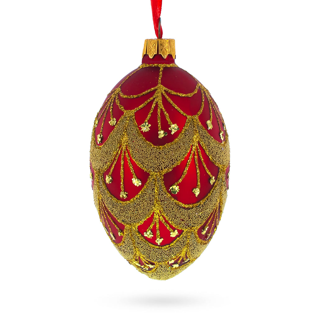 Glass White Trellis On Red Egg Glass Ornament 4 Inches in Red color Oval