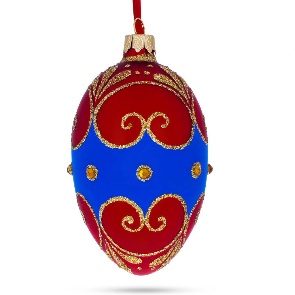 Glass Red and Blue Jeweled Egg Glass Ornament 4 Inches in Red color Oval
