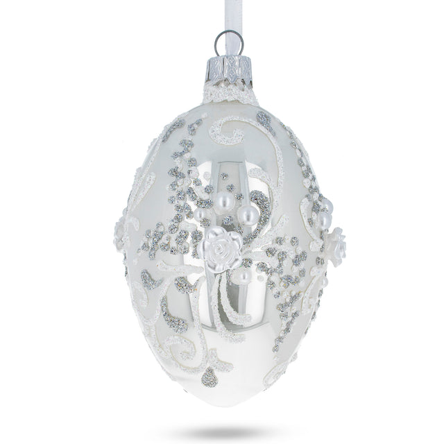 Glass 3D Flowers on Glossy White Glass Egg Ornament 4 Inches in White color Oval