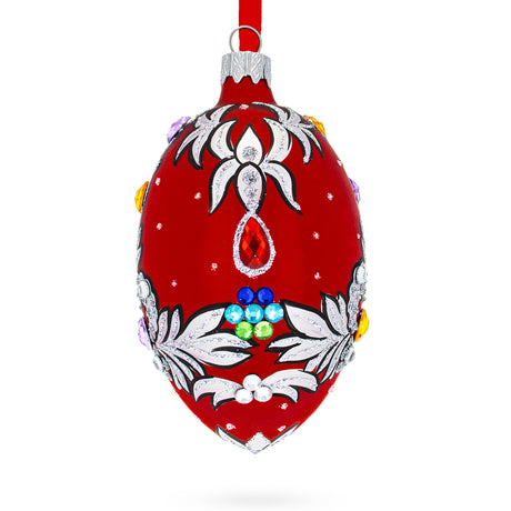 Glass Florence Designer Jeweled Pendant Necklace Glass Egg Christmas Ornament 4 Inches in Red color Oval