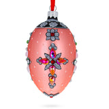Italian Fashion House Jeweled Cross Glass Egg Christmas Ornament 4 Inches in Pink color, Oval shape
