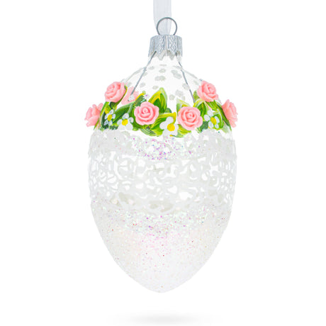 Glass Jeweled Pink Roses Glass Egg Christmas Ornament 4 Inches in White color Oval