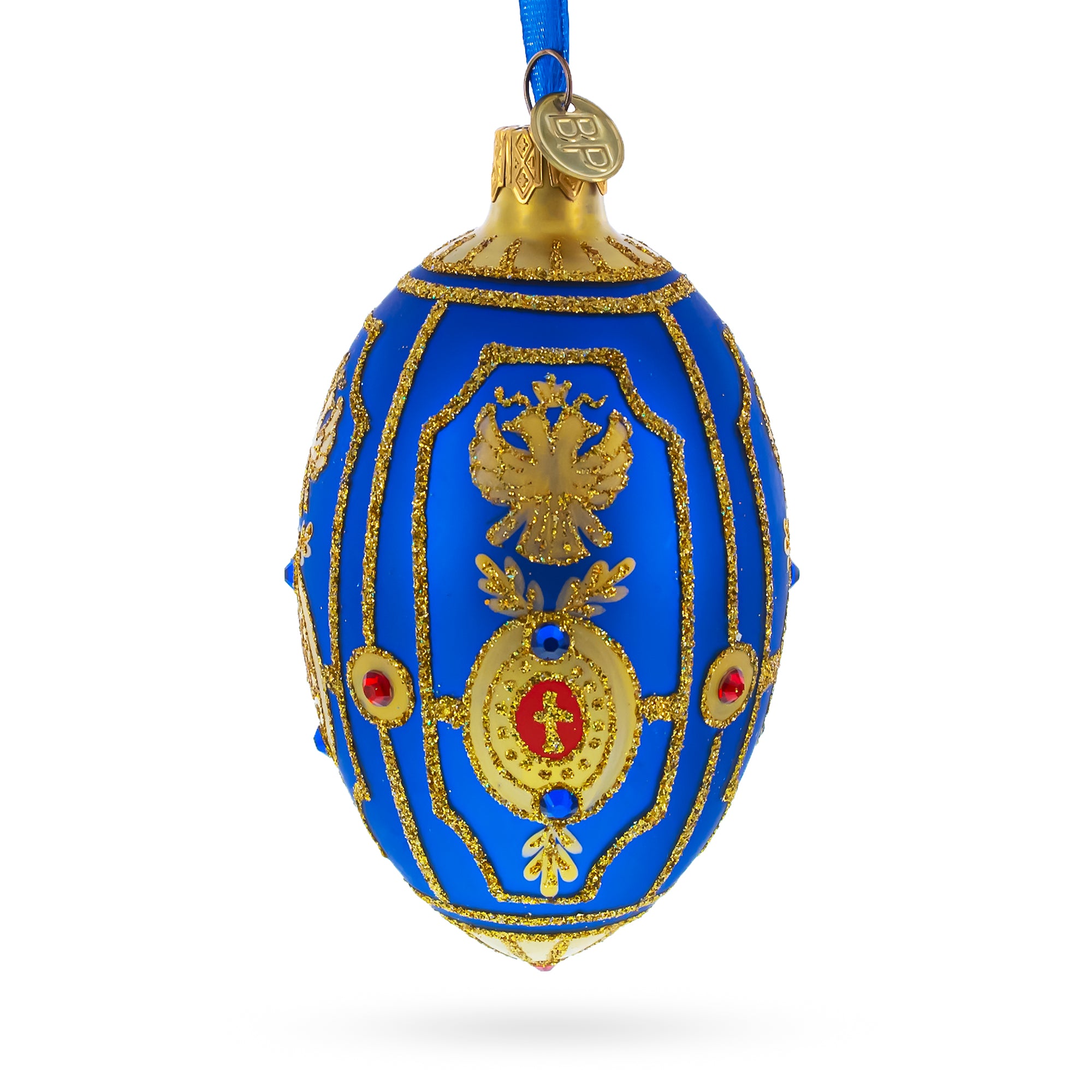Golden Eagle on Blue Glass Egg Christmas Ornament 4 Inches in Blue color Oval