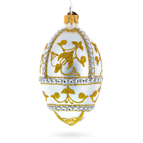 Glass Jeweled Golden Chandelier on Silver Glass Egg Christmas Ornament 4 Inches in White color Oval