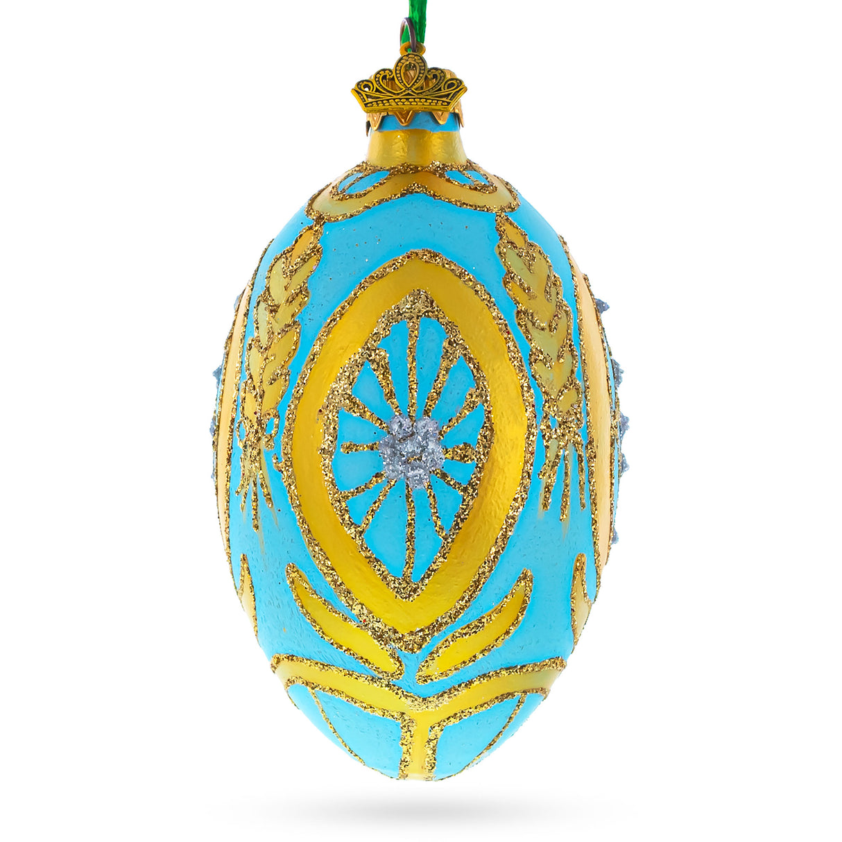 Golden Wheat on Turquoise Glass Egg Christmas Ornament 4 Inches in Blue color, Oval shape