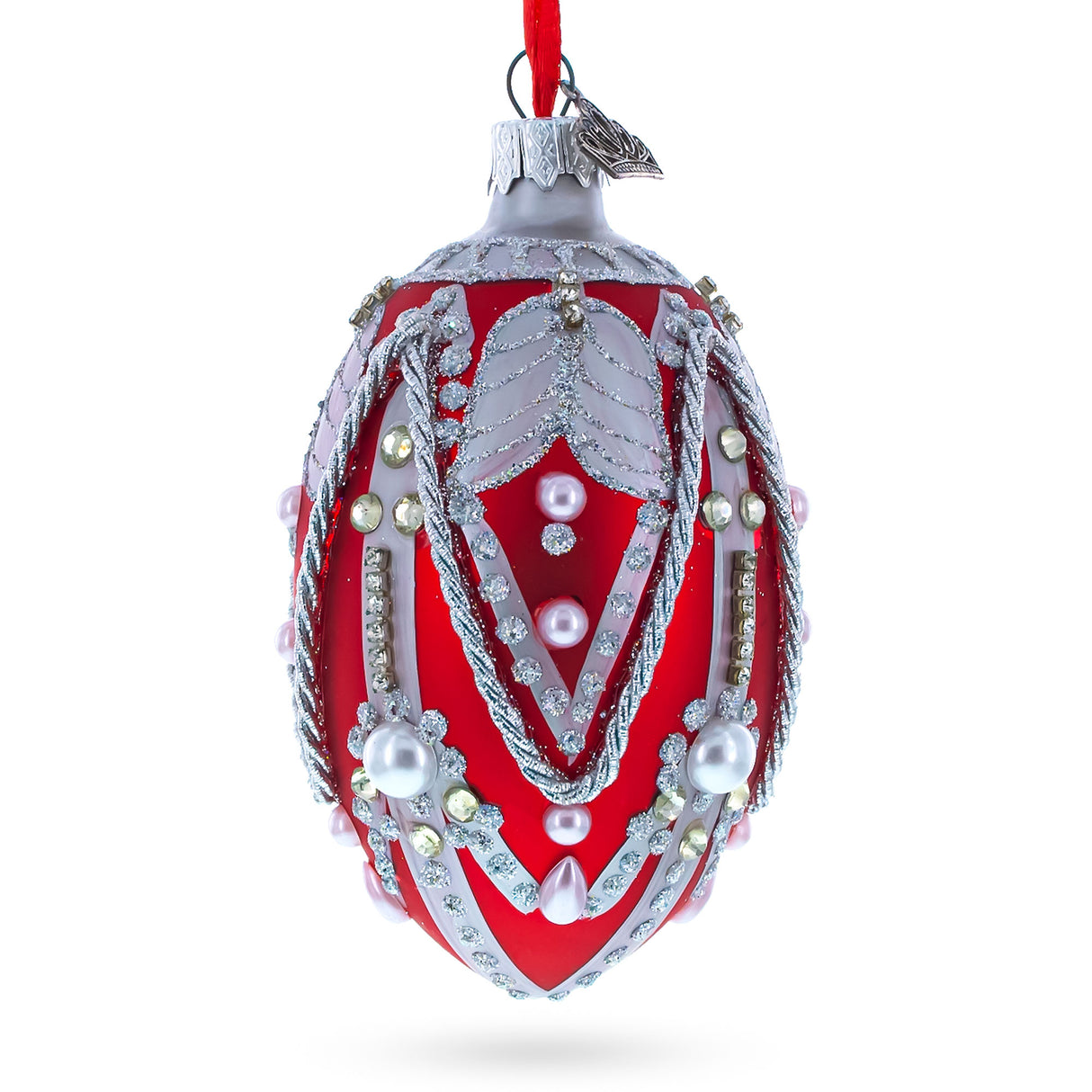 Glass Silver Ropes on Red Glass Egg Christmas Ornament 4 Inches in Red color Oval