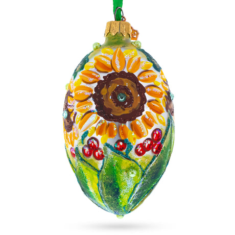 Glass Sunflowers and Berries Glass Egg Ornament 4 Inches in Multi color Oval