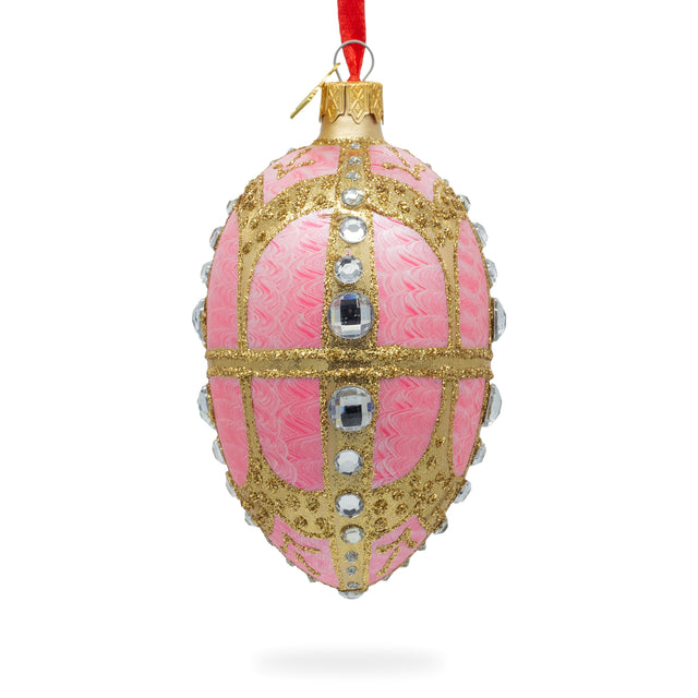 Glass Diamonds on Gold and Pink Glass Egg Ornament 4 Inches in Pink color Oval