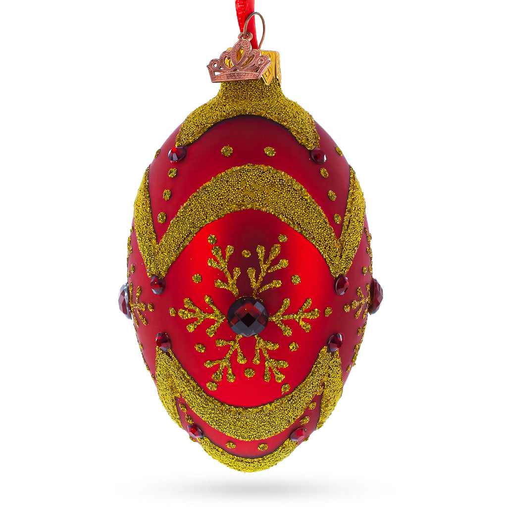 Glass Golden Snowflake on Red Glass Egg Ornament 4 Inches in Red color Oval
