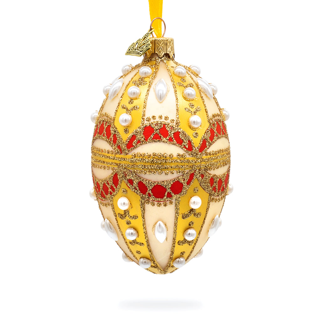 Glass Pearls on Gold and White Glass Egg Ornament 4 Inches in Multi color Oval