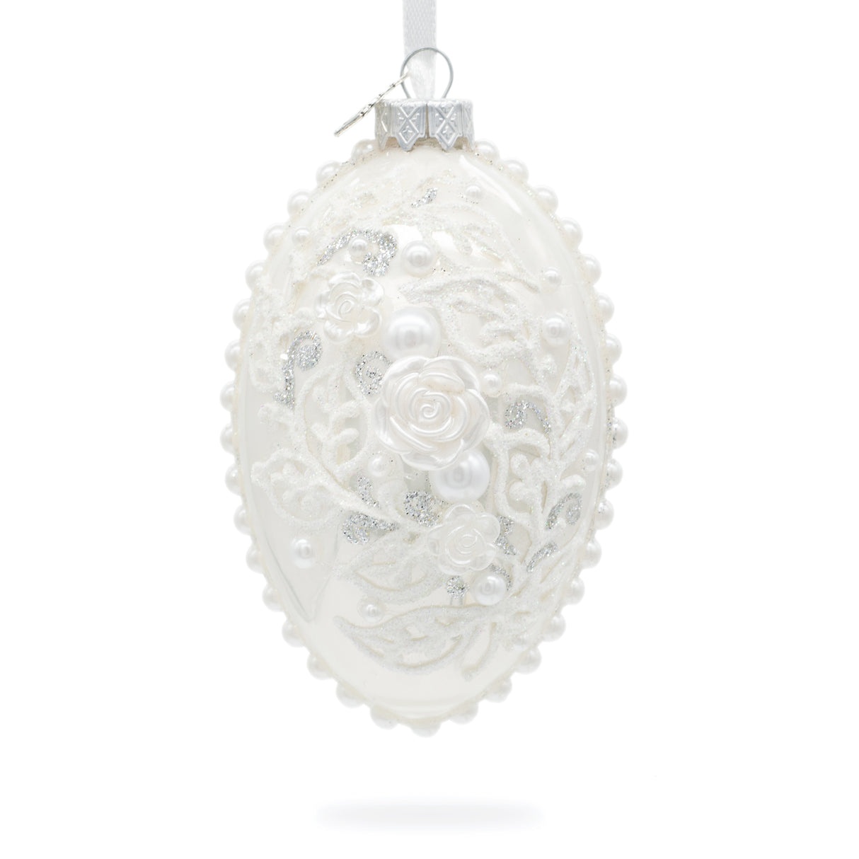 Glass 3D Pearl Roses Glass Egg Ornament 4 Inches in White color Oval
