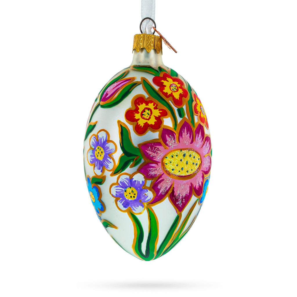 Glass Colorful Flowers Glass Egg Ornament 4 Inches in Red color Oval