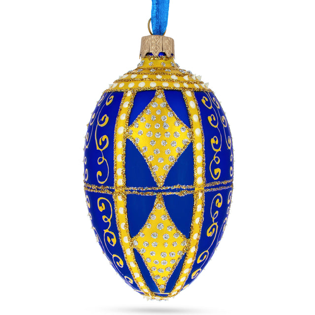 Glass Golden Rhombus Glass Egg Christmas Ornament 4 Inches in Blue color Oval