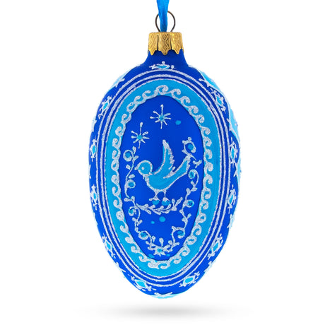 Glass Blue Bird Pysanka Egg Glass Ornament 4 Inches in Blue color Oval