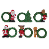 Resin Set of 6 Santa, Snowman, Reindeer, Christmas Wreath Napkin Rings 2.5 Inches in Green color
