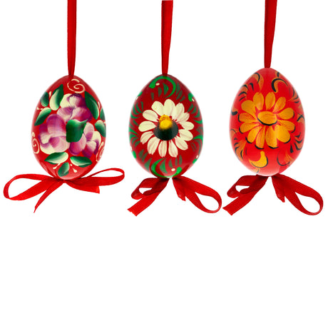 Wood Flowery Painting Multicolored Wooden Easter Egg Ornaments in Red color