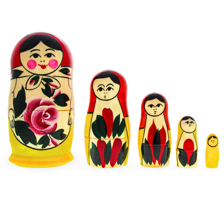 Wood Set of 5 Semenov Style Red Scarf Matryoshka Wooden Nesting Dolls in Multi color