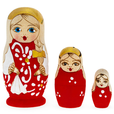 Wood Set of 3 Red Woodburning Style  Wooden Nesting Dolls in Red color