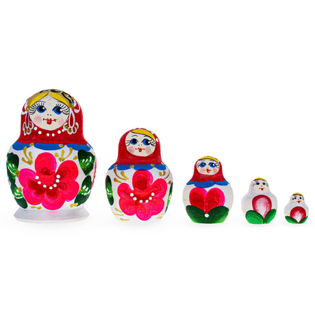 Wood Beautiful Wooden  with Red Color Hood and Pink Flowers Nesting Dolls in White color