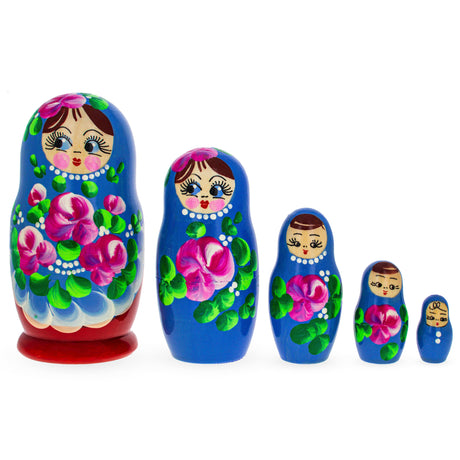 Wood Beautiful Wooden  with Blue Color Hood and Pink Flowers Nesting Dolls in Blue color